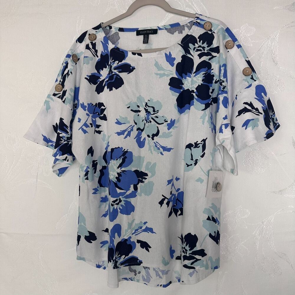 Ellen Tracy  Size (L) Women's‎ Blouse Top Linen Viscose Dolman Sleeve Floral